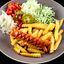 Fri bulvytės su dešrelėmis ir daržovėmis; Padažai: česnakinis, pikantiškas, aštrus, BBQ. Komentare