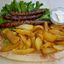 Ароматни наденички с вкус на гъби 3бр ; гарнирани с пържени картофки и майонеза