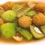 ลูกชิ้นกุ้งผัดผักโสภณ Prawn ball fried with green vegetables